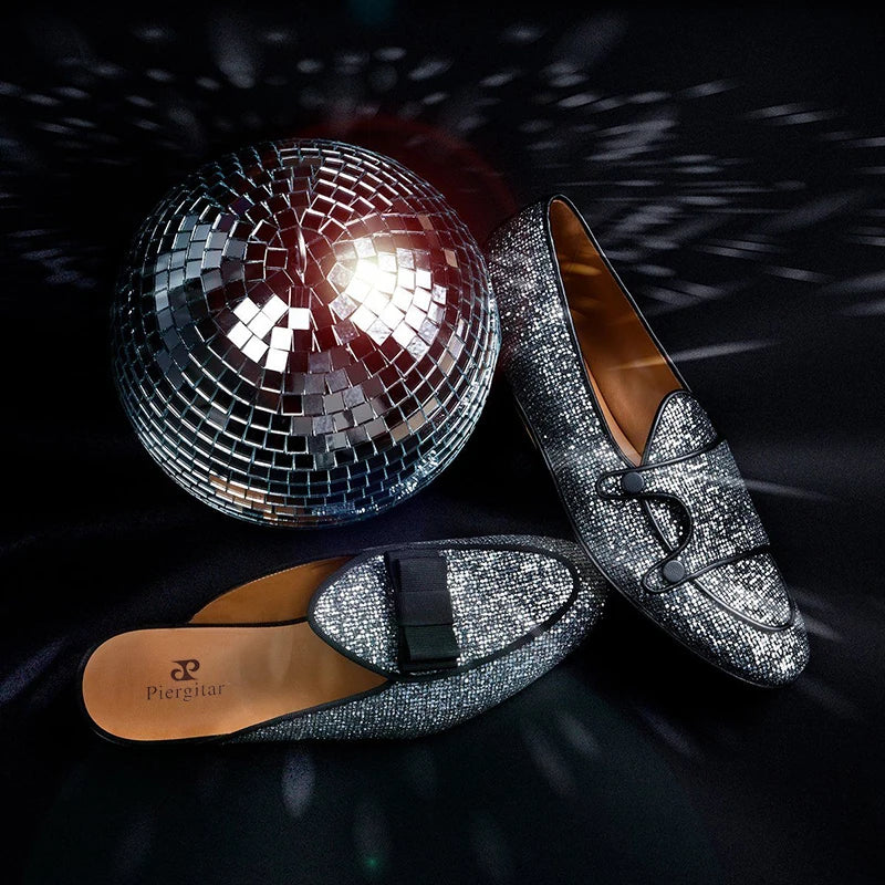 The New Style Square Glittering Silver Belgian Loafers with Double-Monk Moccs Handmade in GuangZhou