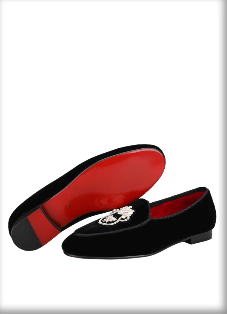 Black Velvet Men's Loafers with Embroidered Bee Rhinestone Patches and Red Outsole