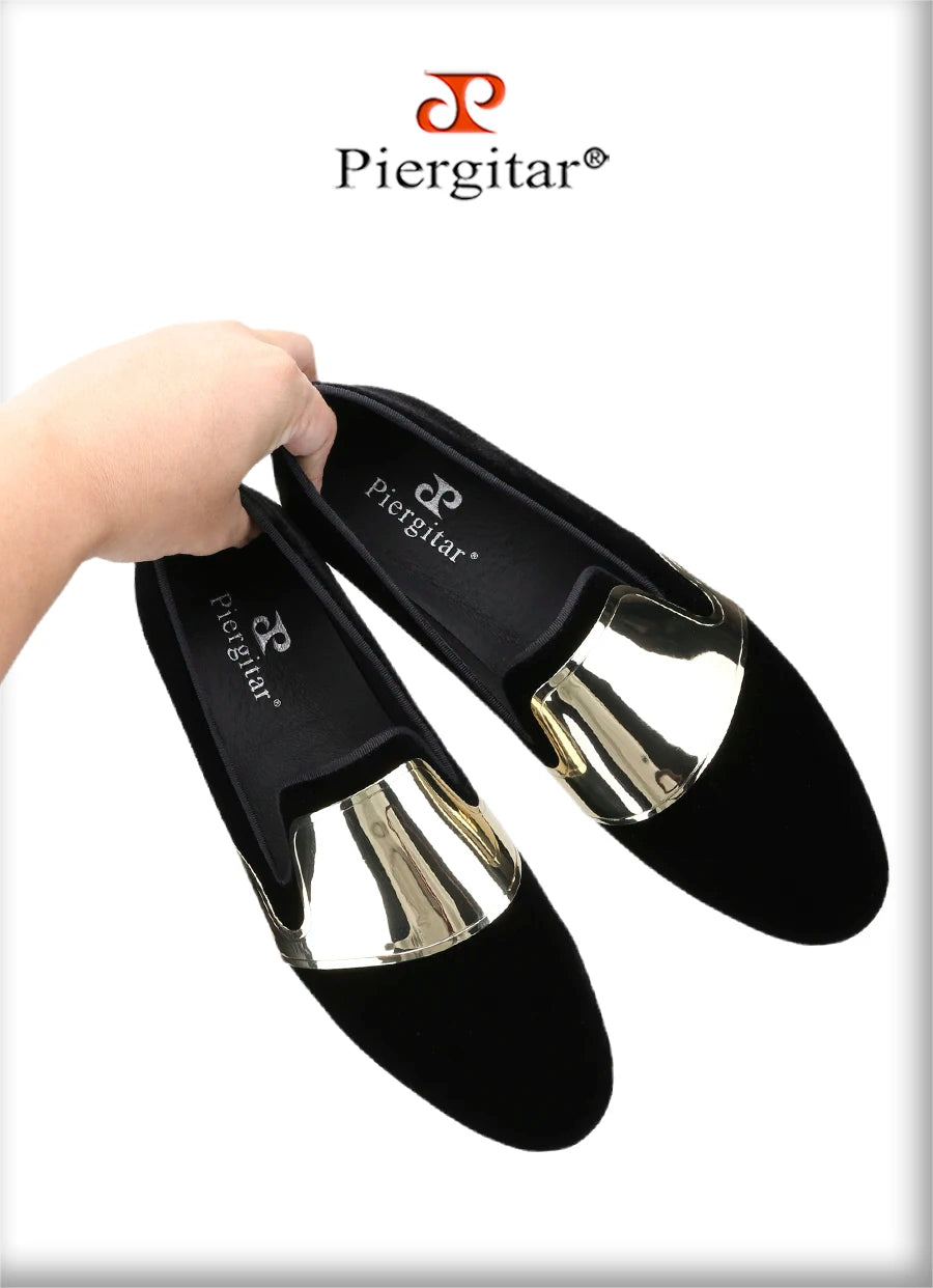 Piergitar Handmade Men Velvet Shoes With Across Gold Metal Buckles For Formal Suit Wear Fashion Party Slip-On Loafers Plus SIze