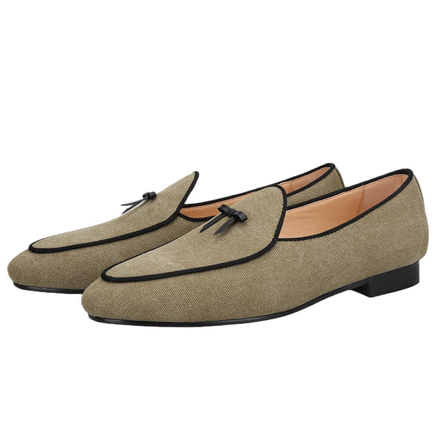 Three Colors Raw Canvas Belgian loafers with Calfskin Bows, Handmade Slip On Classic Mens Smoking Slippers