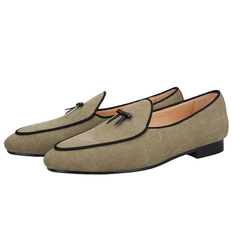 Three Colors Raw Canvas Belgian loafers with Calfskin Bows, Handmade Slip On Classic Mens Smoking Slippers