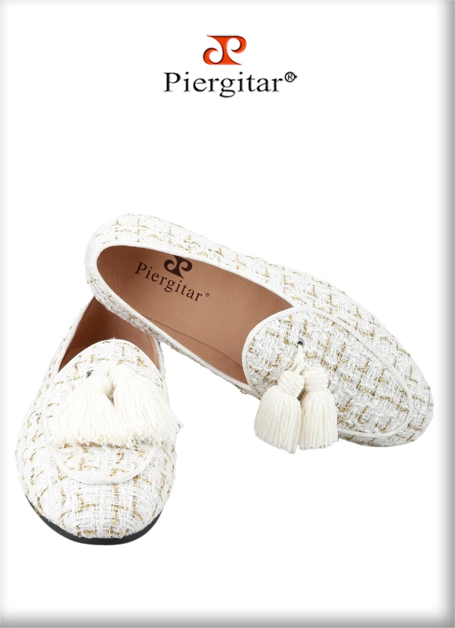 Piergitar 2025 White And Black Colors Tweed Men's Loafers With Handmade Tassels British Classic Style Slip-On Smoking Slippers