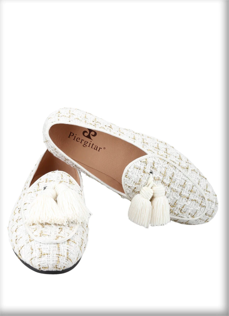 The British Classic style slip-on smoking slippers in White and Black Tweed with Handmade Tassels.