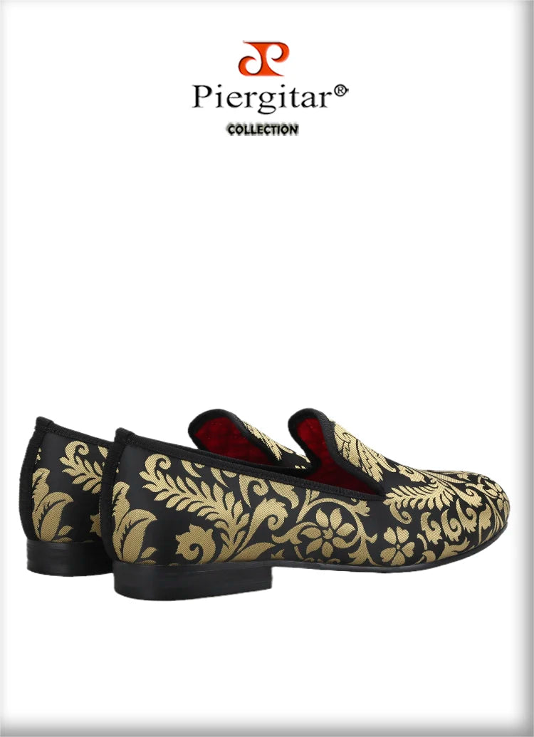 Piergitar 2023 New Upgrade Style Baroque Gold Jacquard Silk Men Loafers For Party Pair With Gold Suit Plus Size Moccasins