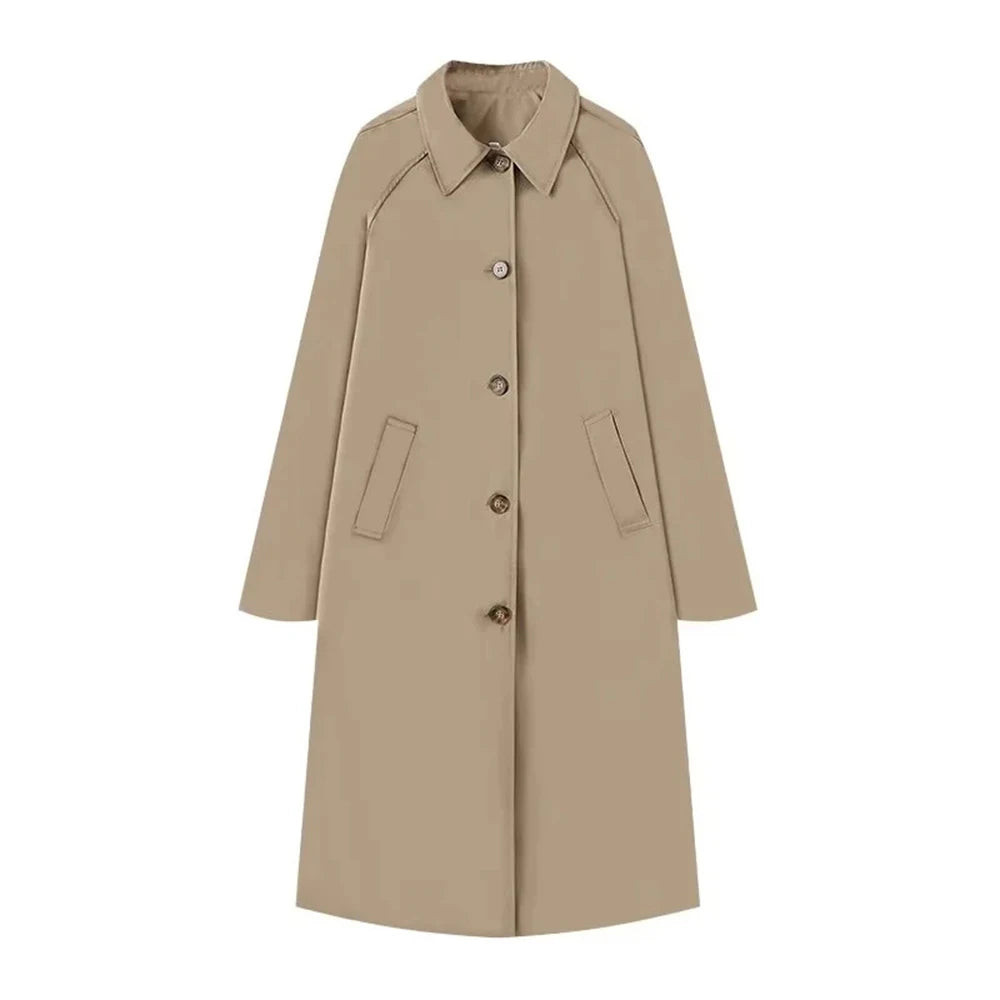 TRAF Women's Fashion Long Trench Coat Retro Loose Single-breasted Coat Autumn and Winter Lapel High Street Temperament Coat