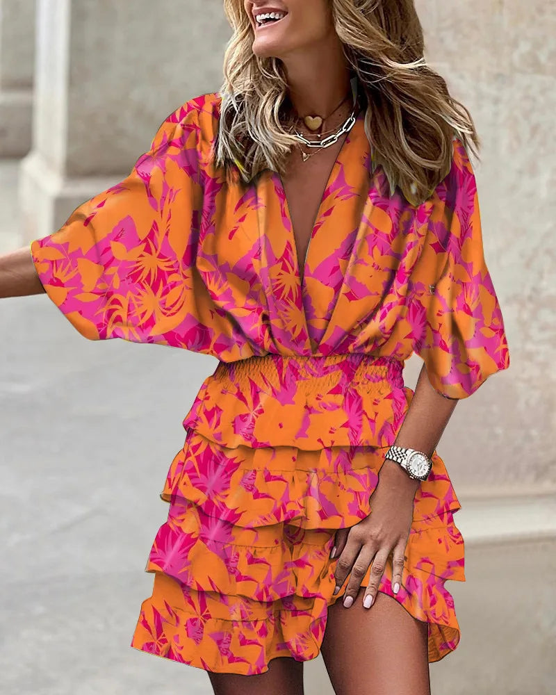 Women's V-Neck Elastic Waist Printed Ruffle Dress