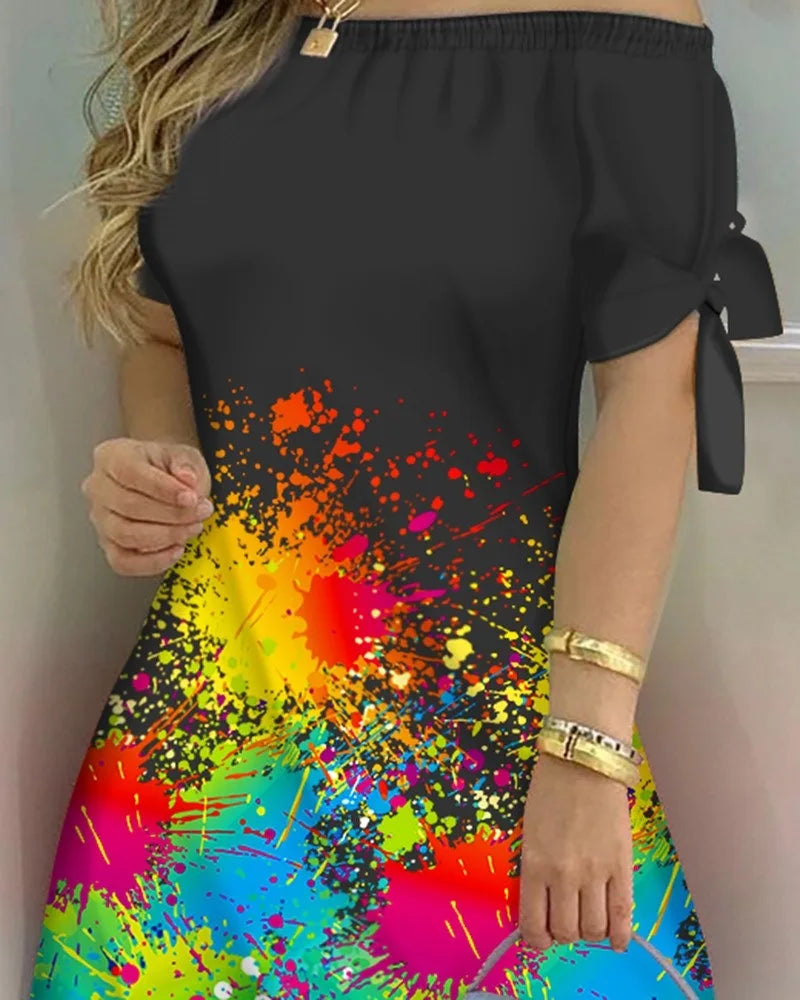 3XL Women's Casual Gradient Off Shoulder Short Sleeve Dress Bow Print Mini Dress