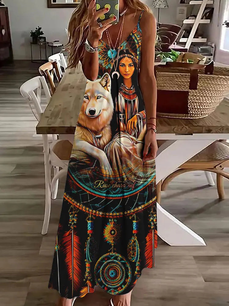 Women's Long Spaghetti Strap Tribal Pattern Dress
