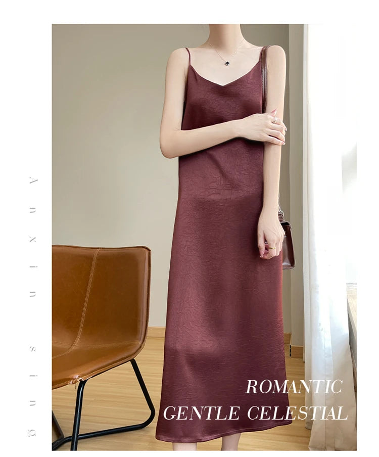 2025 New 100% Anti Wrinkle Mulberry Silk Strap Dress for Women's Summer New Loose Long Skirt