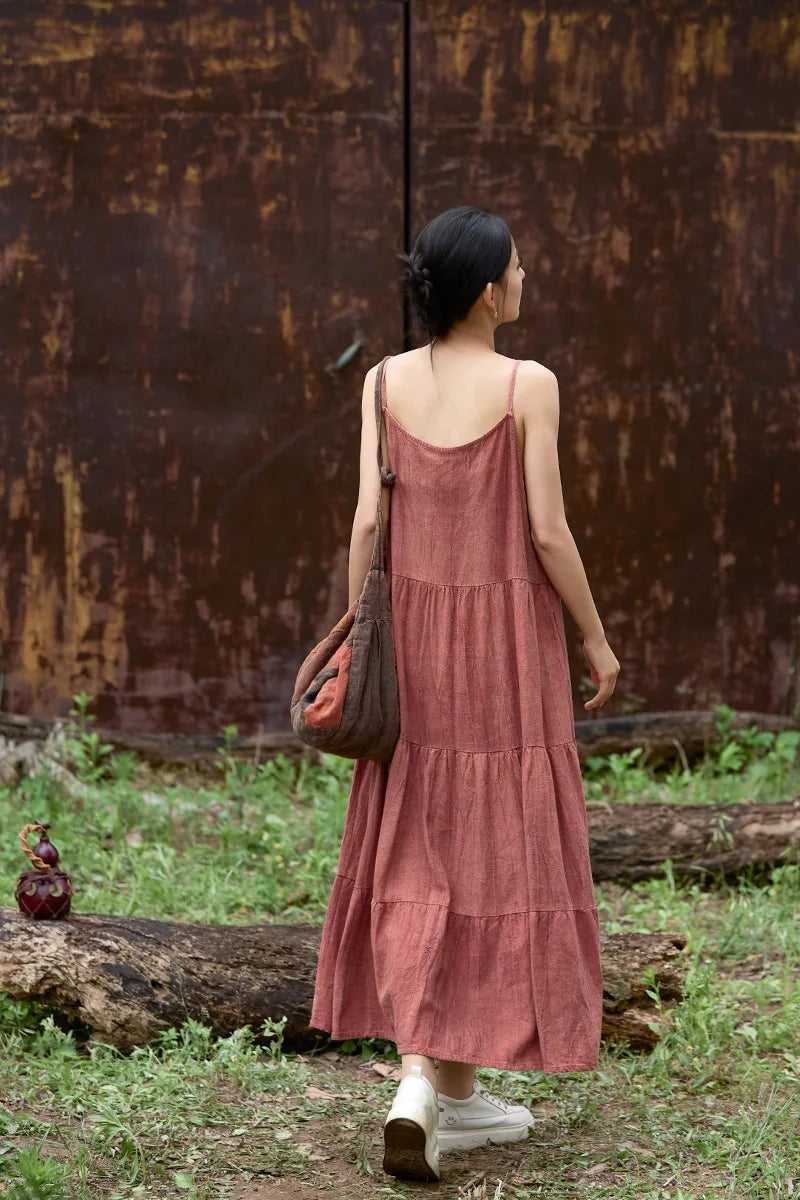 Cotton Linen Long Spaghetti Strap Dress