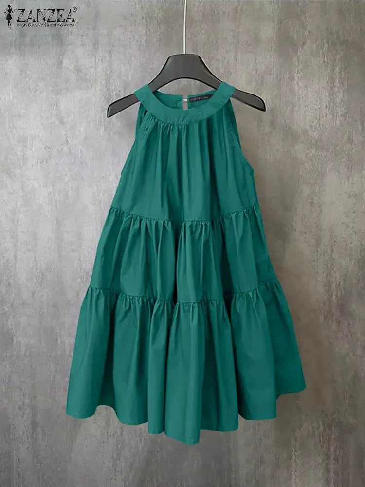 ZANZEA Summer Halter Sleeveless Tiered Dress Women Korean Ruffle Patchwork Robe 2024 Beach O-neck Loose Sundress Sweety Vestidos
