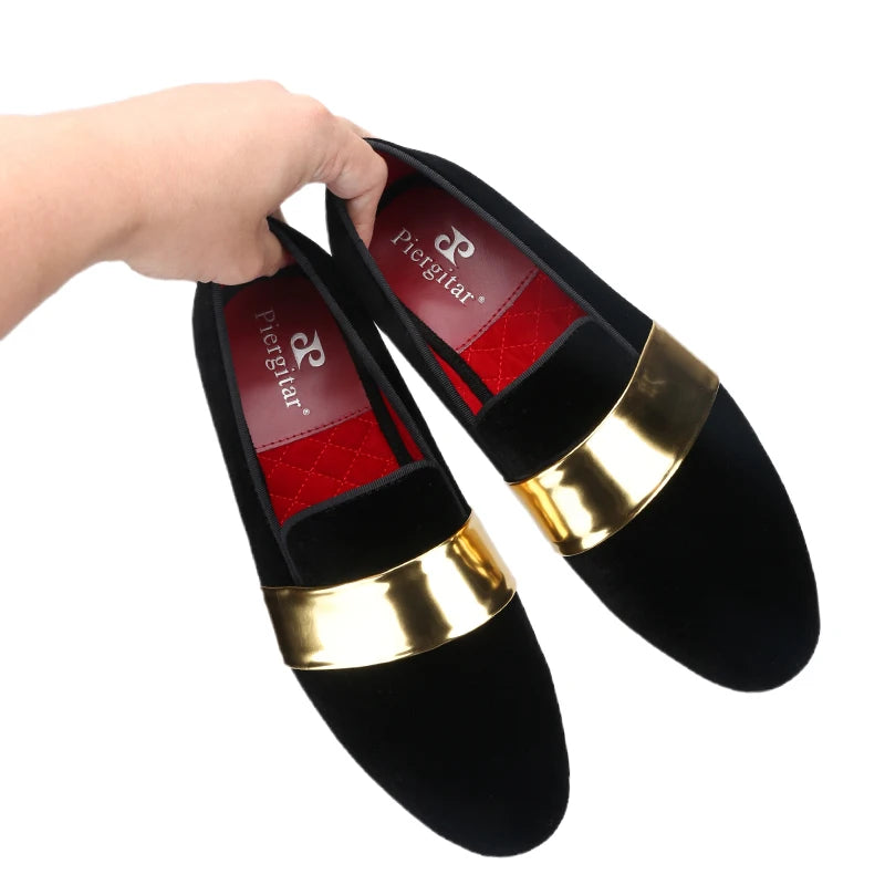 Piergitar New Style Handmade Men Velvet Loafers With Gold Patent Leather Crossbands Fashion Party And Wedding Male Dress Shoes