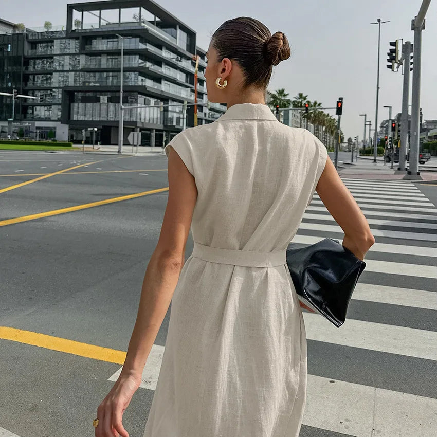 2025 Autumn New Style Commuter Long Skirt For Women Elegant Fashionable Solid Color Lapel Sleeveless High Waist Lace-up Dress