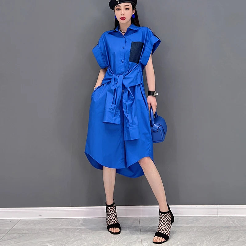 Extra Sleeves Decorated New 2025 Summer Korean Style Woman Purple Shirt Dress Loose Fit Chic Unique Big Size Casual Robe JKXD005