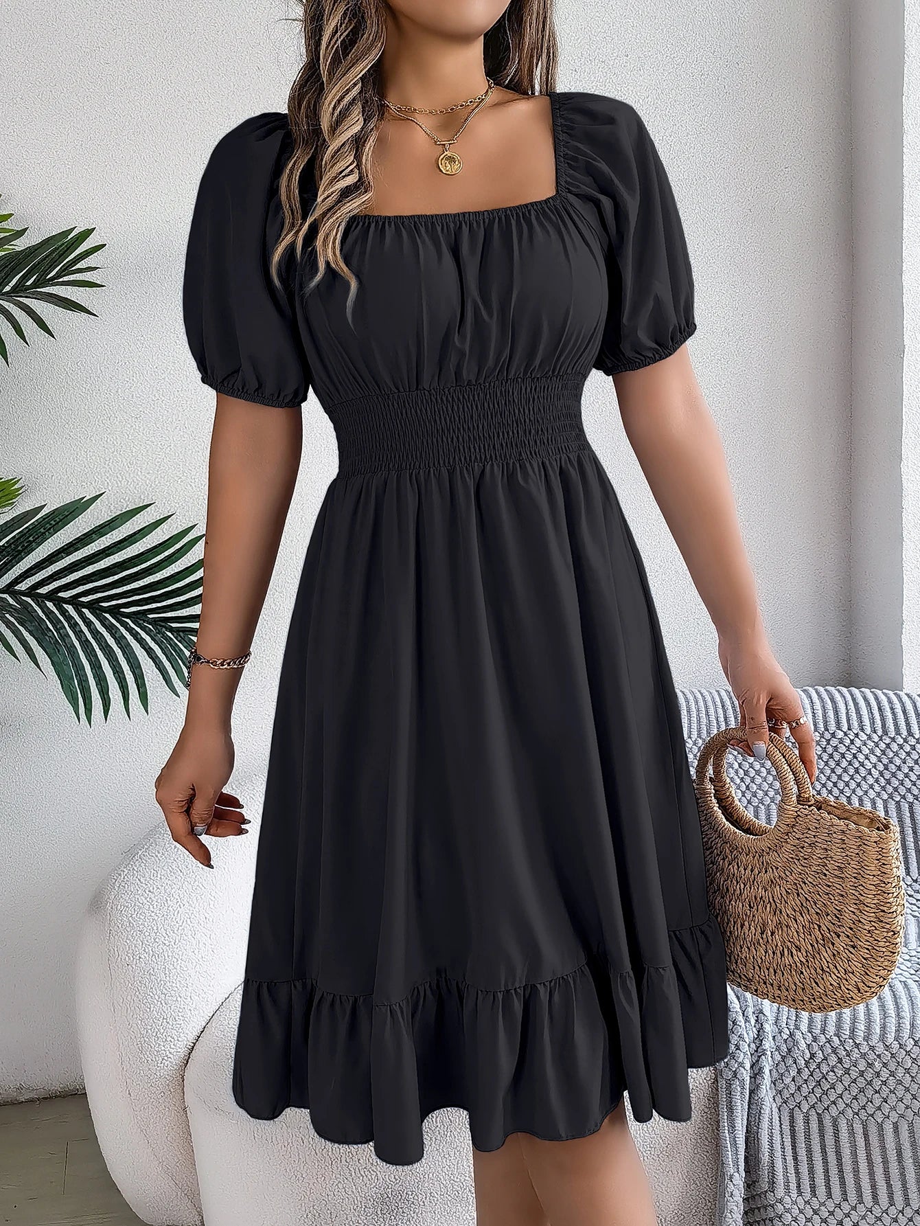 2024 New Fashion Solid Puff Sleeve Square Neck Ruched Bust Ruffle Hem Wasit Dress, Women's Clothing
