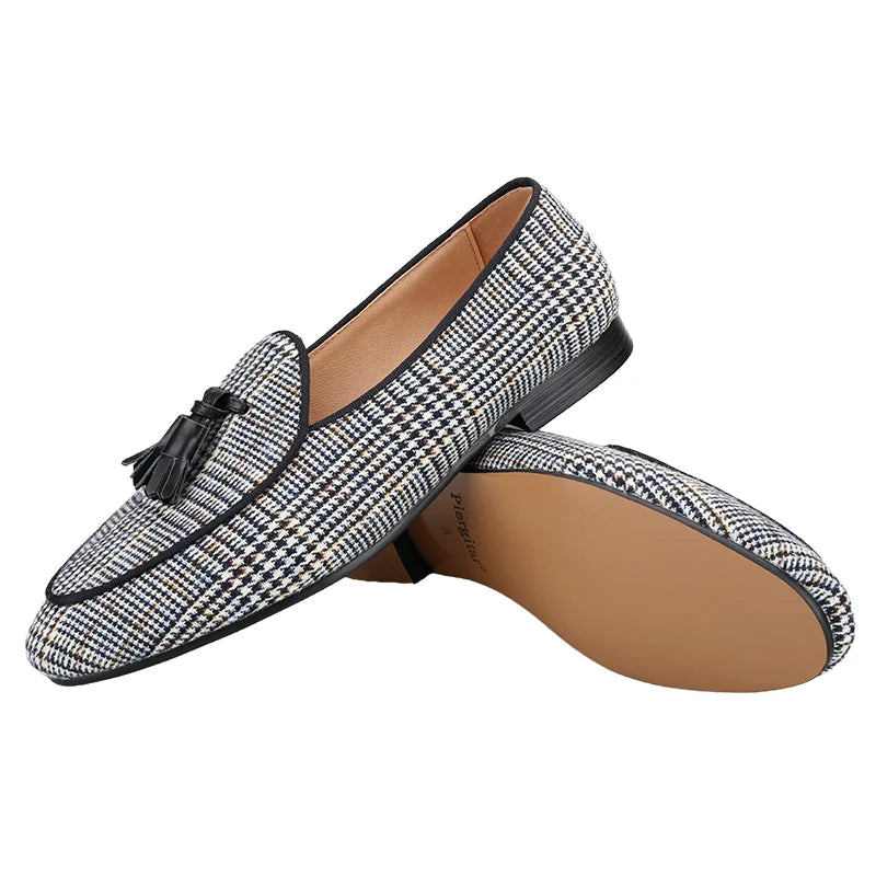 Piergitar Gray Color Gingham Cotton Men's Loafers With Leather Tassels Fashion Party Handmade Smoking Slippers Slip-On Flats