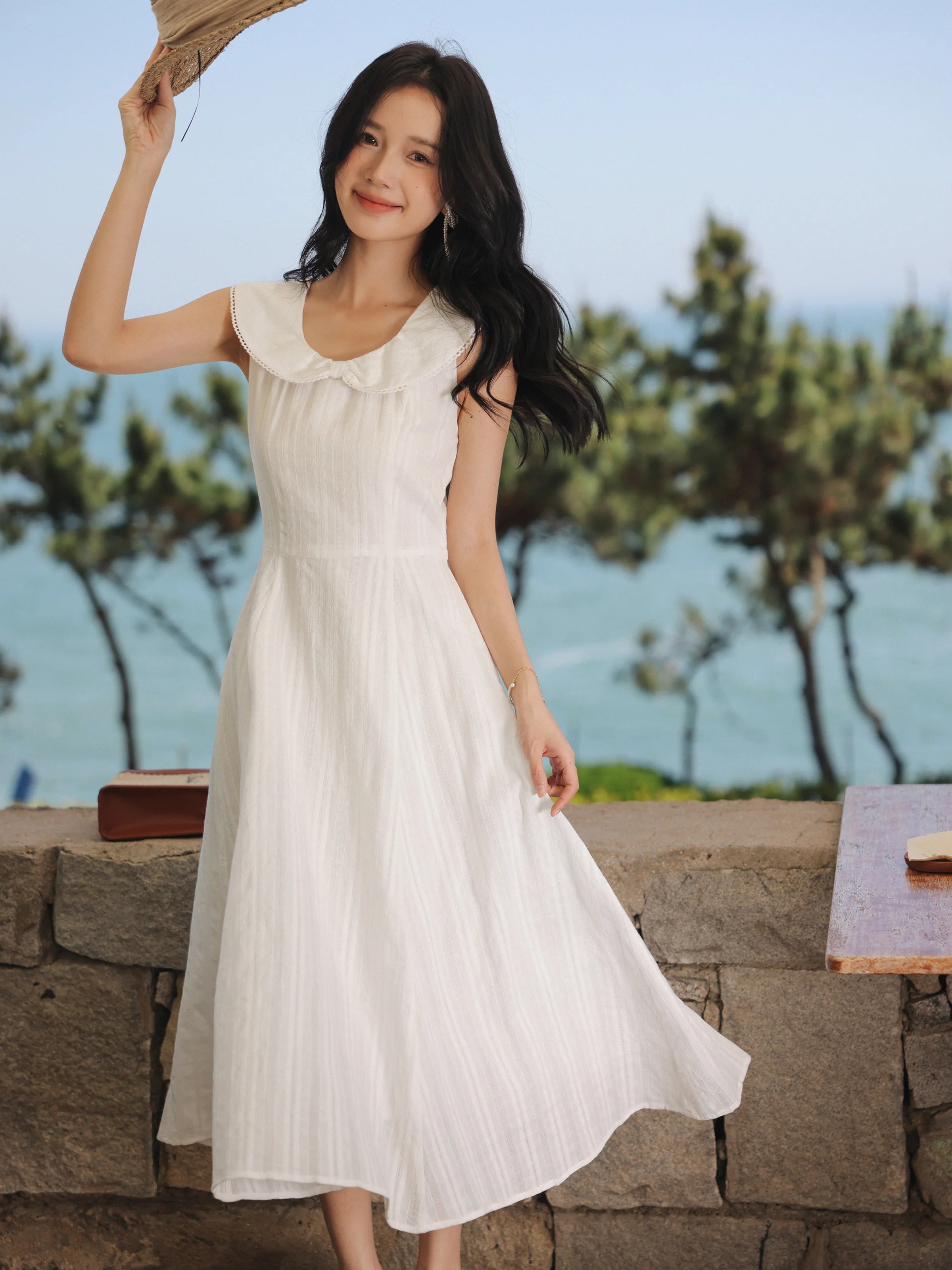 White Bow Jacquard Sundress Women Sweet Summer A-Line Dress with Tie Straps Petite Fit Flowy Midi Dress Cute Vacation Daily Wear
