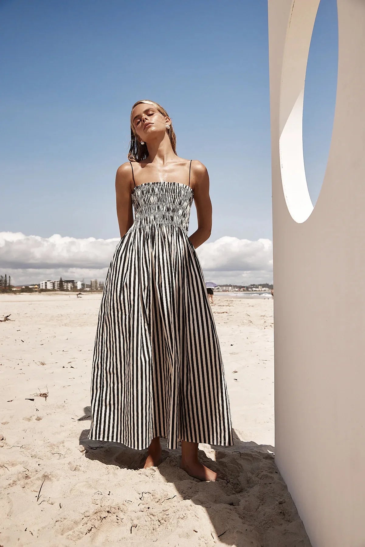 2025 Women's Summer Style Striped Rubber Elastic Sexy Big Swing Bag Suspender Dress Club Clothing Vestidos