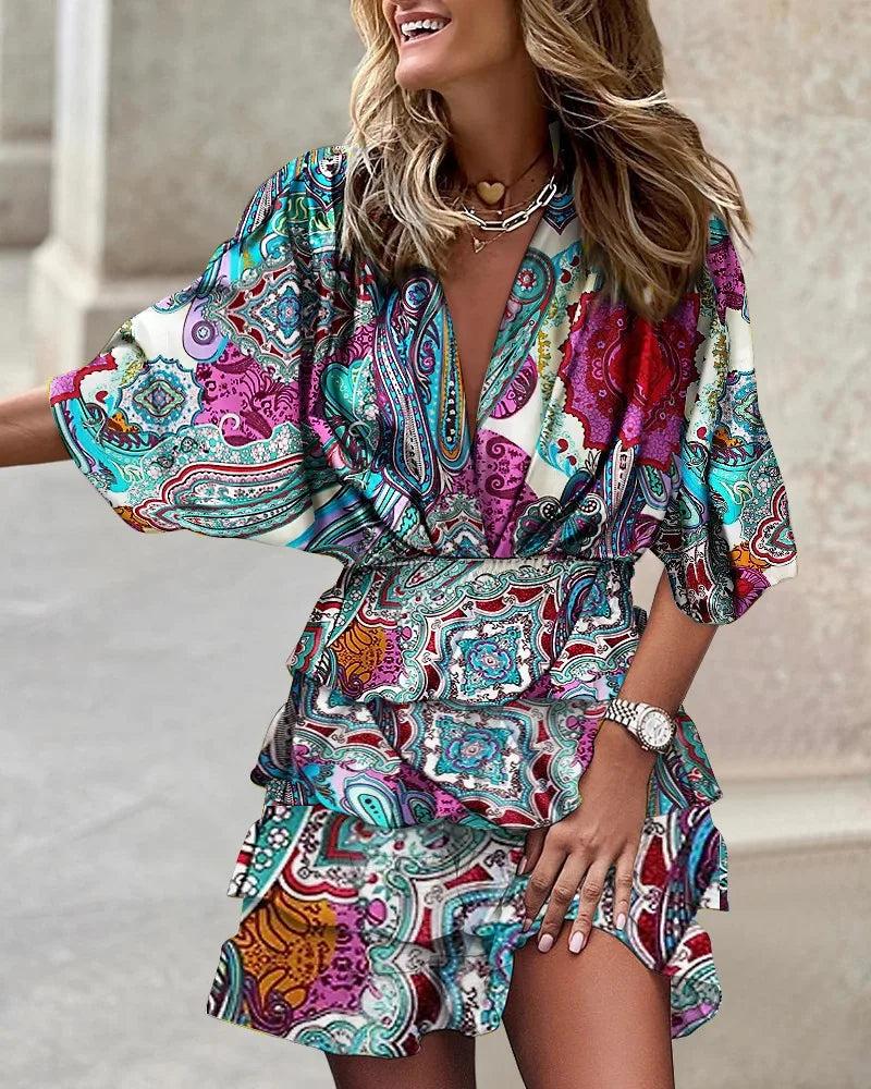 Women's Printed Ruffle V-Neck Loose Sleeve Dress