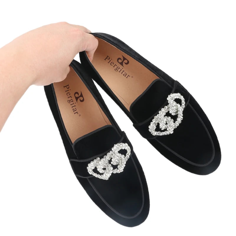 Piergitar Black Velvet Slippers With Matching Gros-grin Piping And Chain-Shaped Allover Crystals Handmade Slip-On Men's Loafers