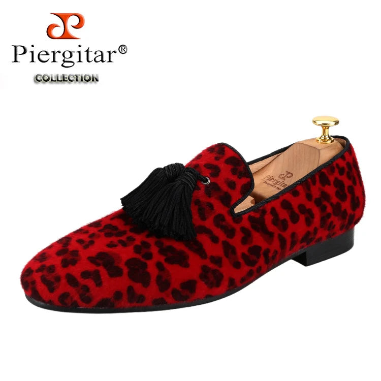 Piergitar Red And Black Animalier-Printed Superior Velvet Slippers With Handmade Silk Fringed Tassels Slip-On Men's Loafers