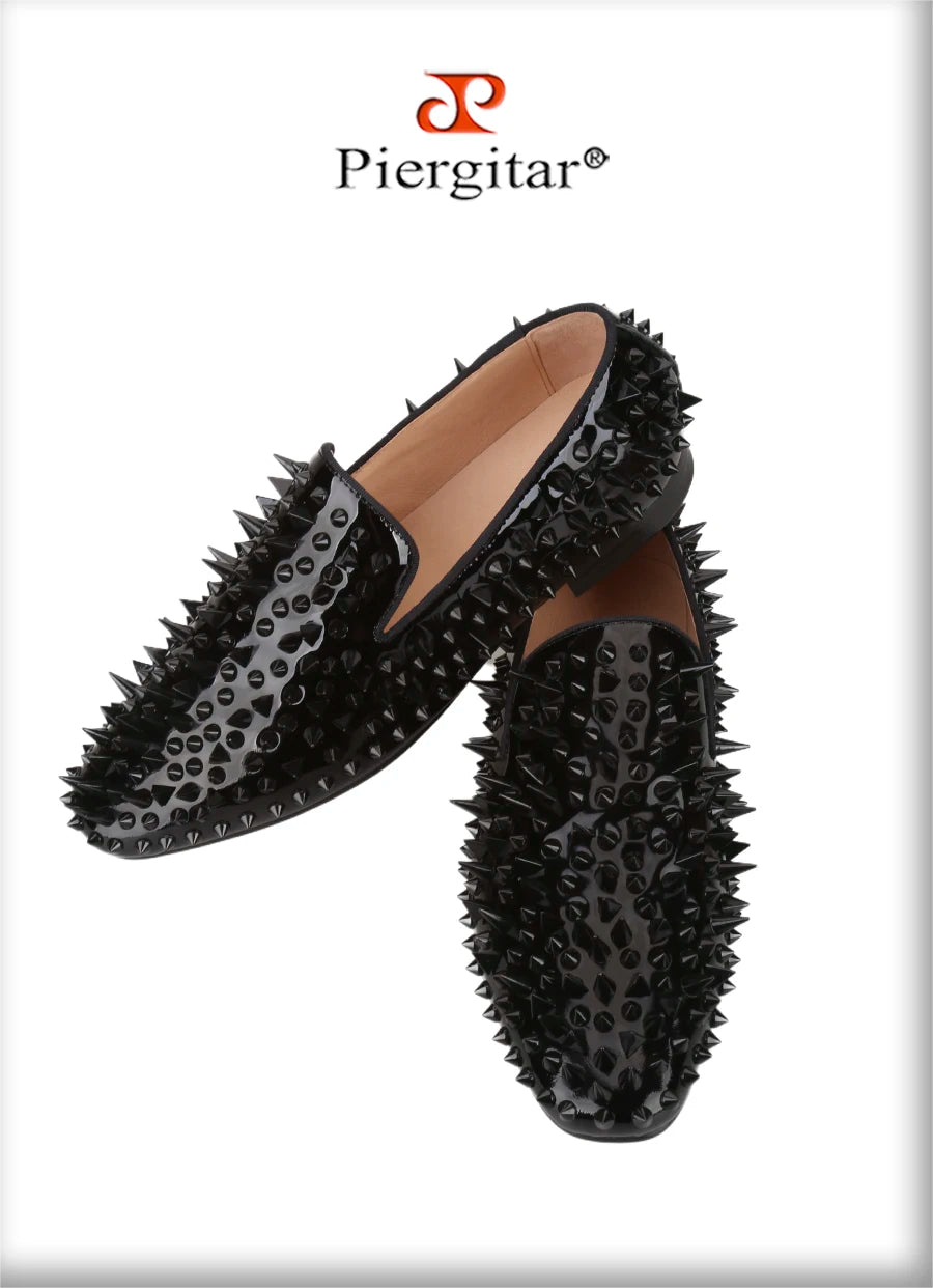 Piergitar Black Patent Leather Men's Loafers With Handmade Different Shapes Of Spikes For Fashion Party CL Brand Red Sole Shoes