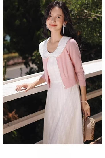 White Bow Jacquard Sundress Women Sweet Summer A-Line Dress with Tie Straps Petite Fit Flowy Midi Dress Cute Vacation Daily Wear