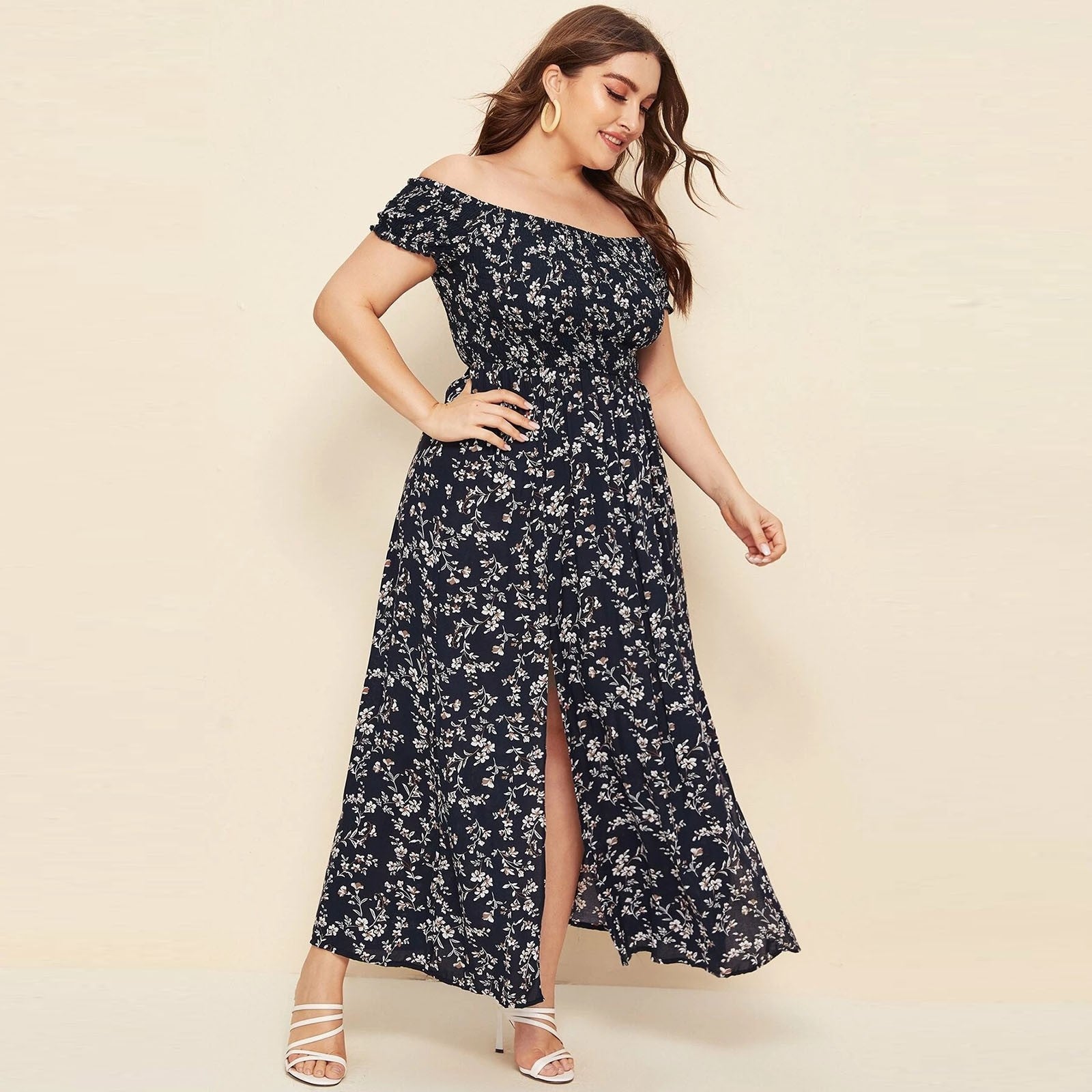 Plus Size Summer Dresses with Slash Necks, Shirred Bodice and Split Thigh Floral Dresses