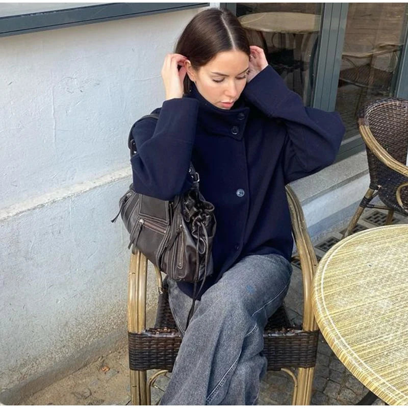 Stand Collar Women Winter Woolen Coats 2025 Spring Single Breasted Loose Female Long Sleeve Jacket Office Lady Street Short Coat
