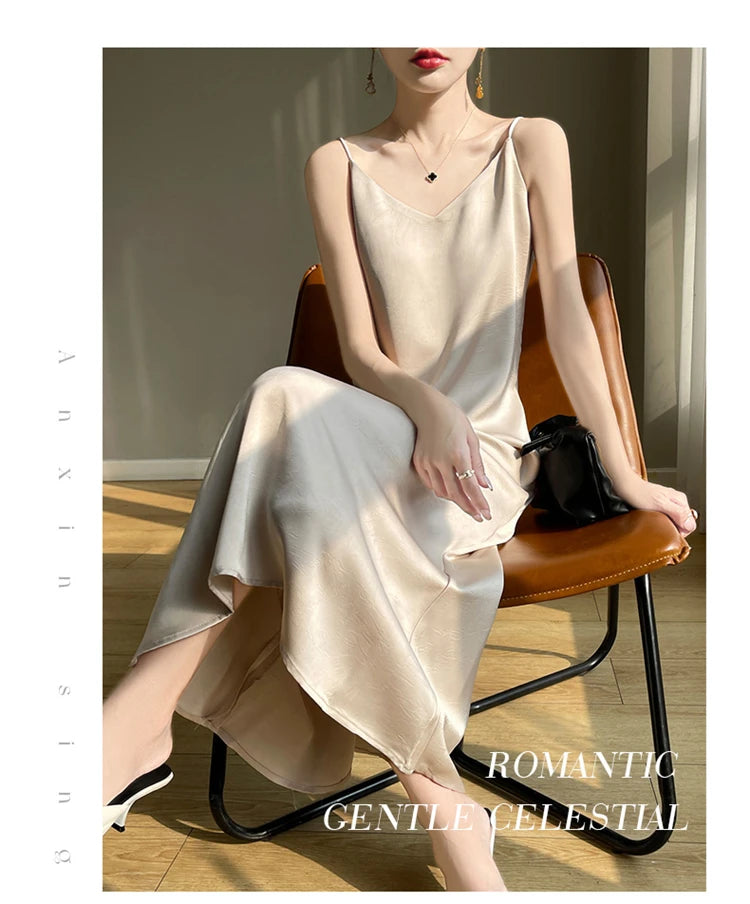 2025 New 100% Anti Wrinkle Mulberry Silk Strap Dress for Women's Summer New Loose Long Skirt
