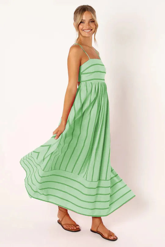 Spring And Summer Striped Vest Backless Large Swing New Dress For Women, Collarless And Sleeveless Oversized Swing Dress