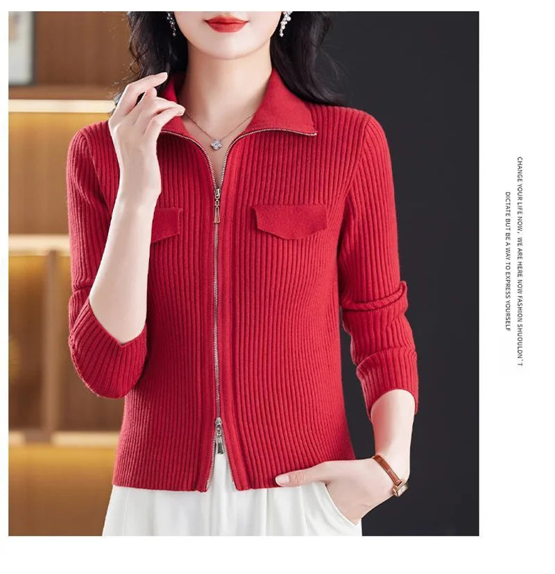 Spring Autumn Women Knitted Sweater Cardigan Short Jacket 2025 New Korean Fashion Zipper Solid Turn-Down Knit Coat Female Tops