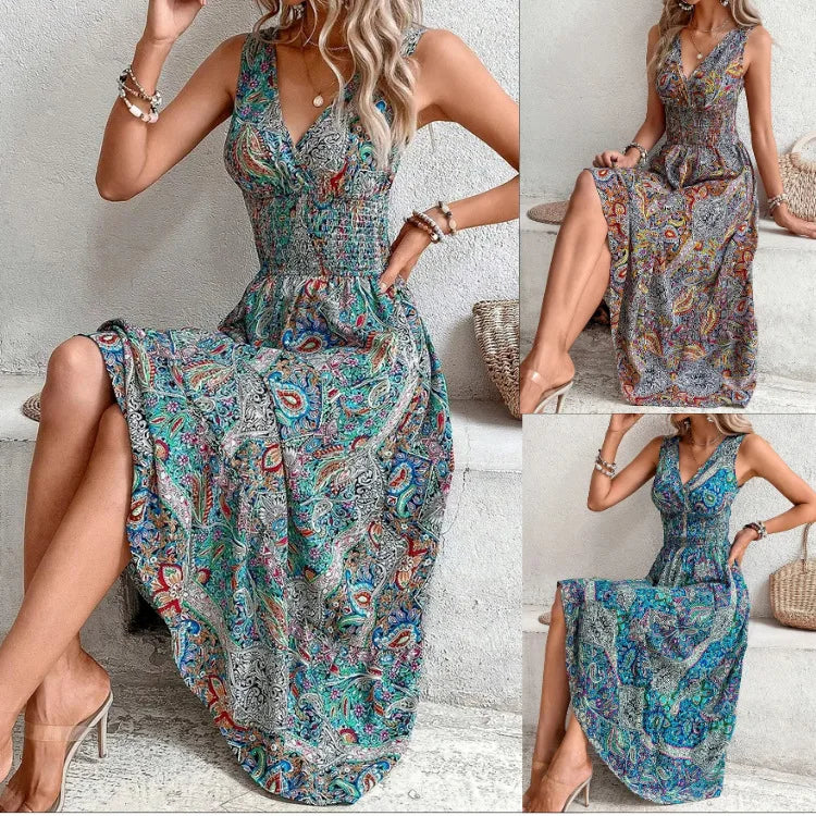 Summer Boho Print Women Fashion Sleeveless Beach Party Dresses