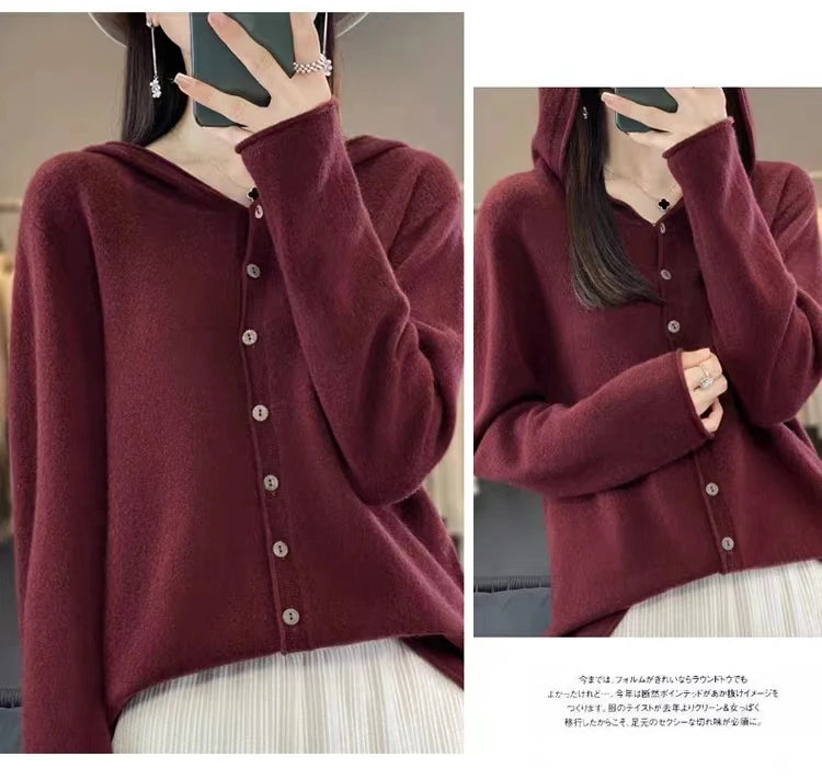 First Line 100% Merino Wool Knitted Cardigan Women's Autumn And Winter Hoodie Loose Sweater Fashionable Versatile Coat Top YC014