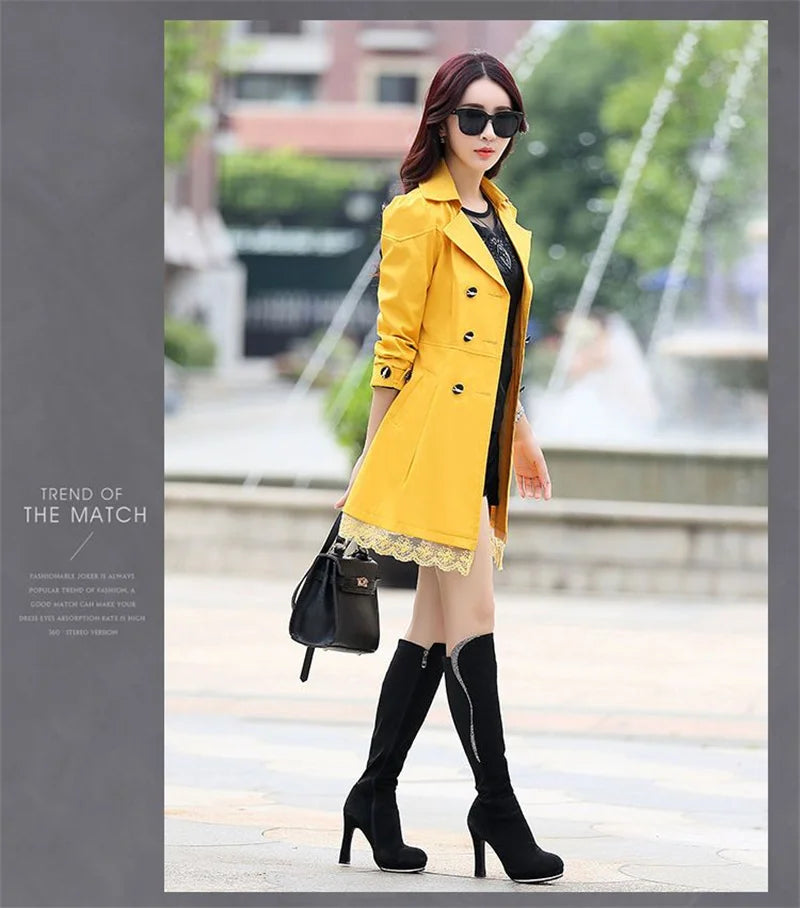 2025Spring Autumn New Windbreaker Coat Women Fashion Slim Mid Long Lace Trench Coat Female Casual Double-breasted Outerwear Tops