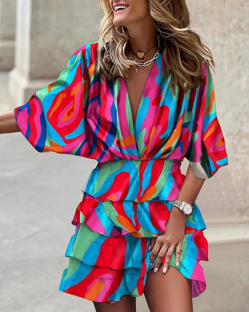 Women's V-Neck Elastic Waist Printed Ruffle Dress