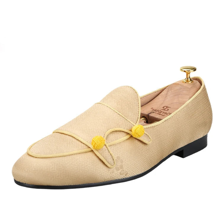 Chinese Imperial Style Silk Men's Monk Shoes Handmade Balls Buttons Slip-On Smoking Shoes