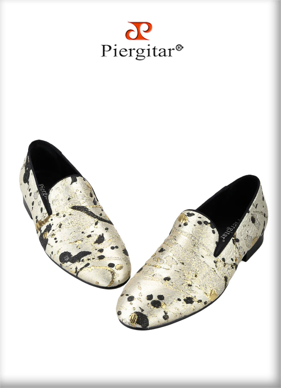 Piergitar Gold Color Ink Embossed Silk Men's Loafers Slip-On Model Handmade Moccasins For Wedding Breathable Leather Insole