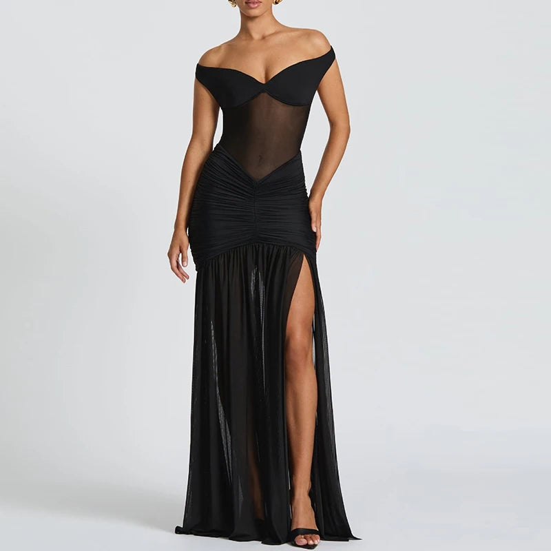 V-Neck Off Shoulder High Side Split Dress