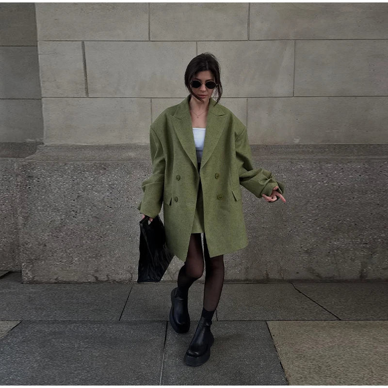 Solid Color Lapel Suit Woman Loose Long Sleeves Double Breasted Jackets Casual Versatile Chic Women's Spring Summer New Coats