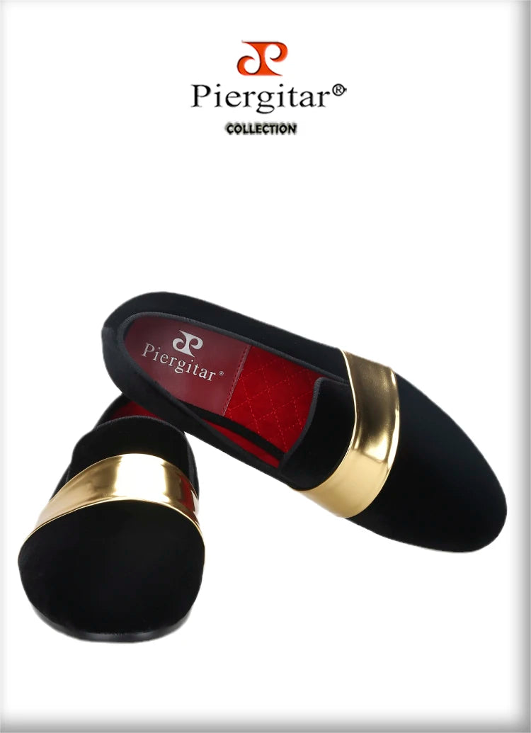 Piergitar New Style Handmade Men Velvet Loafers With Gold Patent Leather Crossbands Fashion Party And Wedding Male Dress Shoes