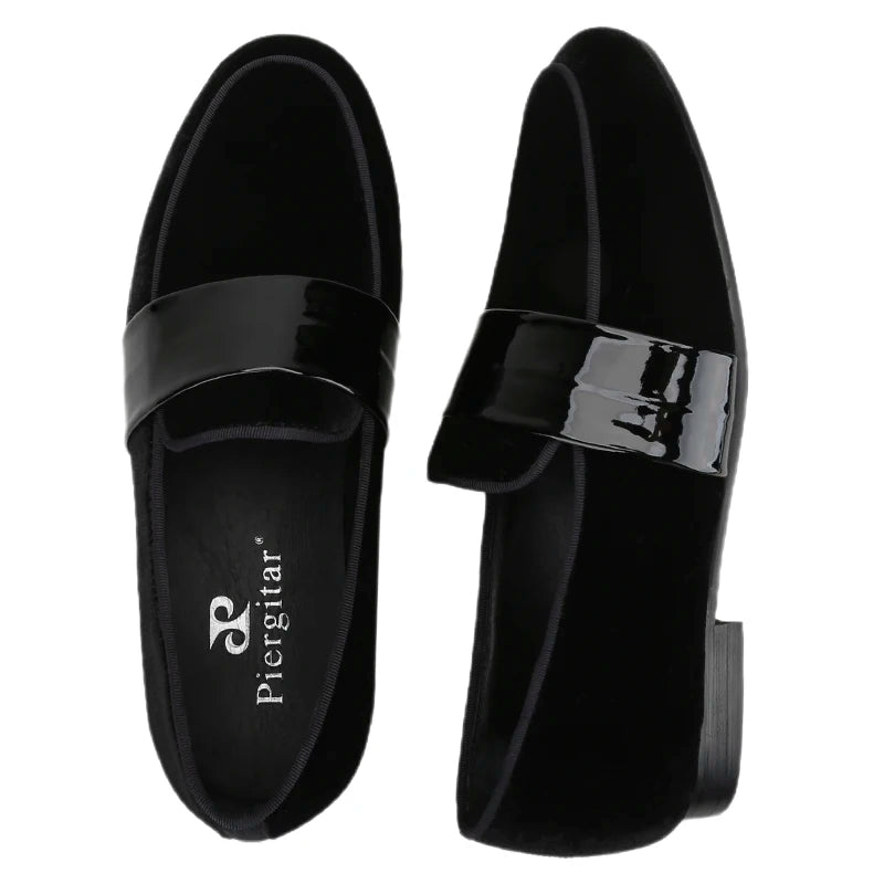 Classic Black Velvet Slip-On Men Shoes with Patent Leather Cross Strap Loafers for Fashion Party Wear