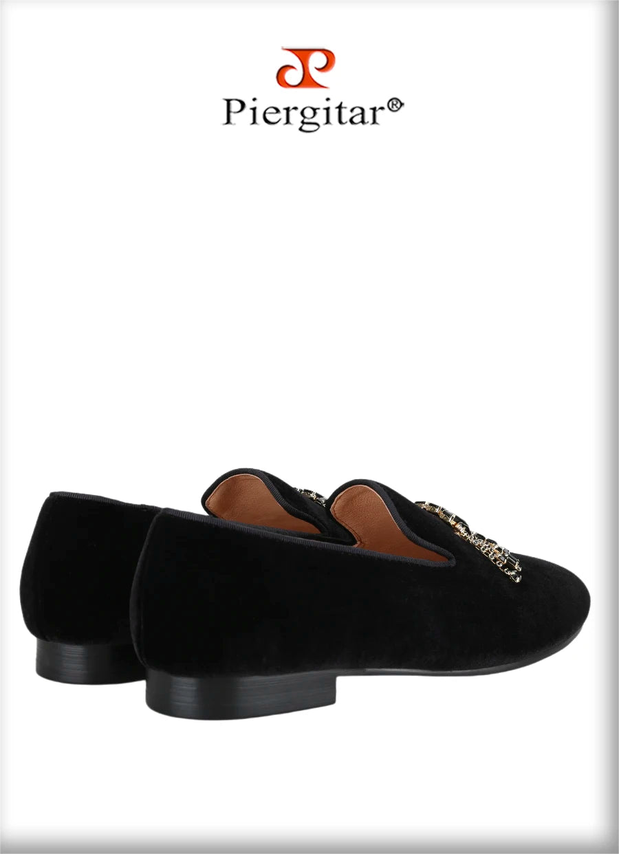 Piergitar Black Color Men Velvet Shoes With Handmade Rhinestones Buckle For Party And Wedding Classic Model Slip-On Loafers