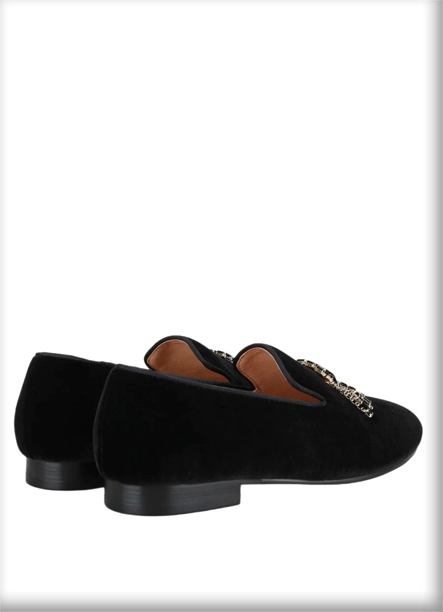 Black Color Men's Velvet Shoes for Weddings and Parties with Handmade Rhinestones Buckle