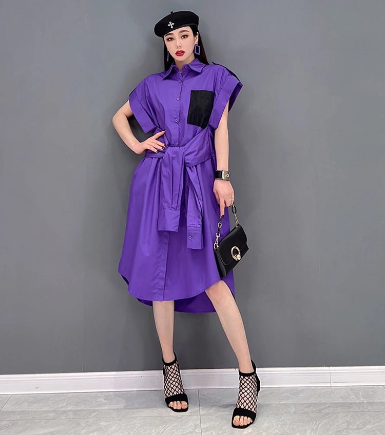 Extra Sleeves Decorated New 2025 Summer Korean Style Woman Purple Shirt Dress Loose Fit Chic Unique Big Size Casual Robe JKXD005