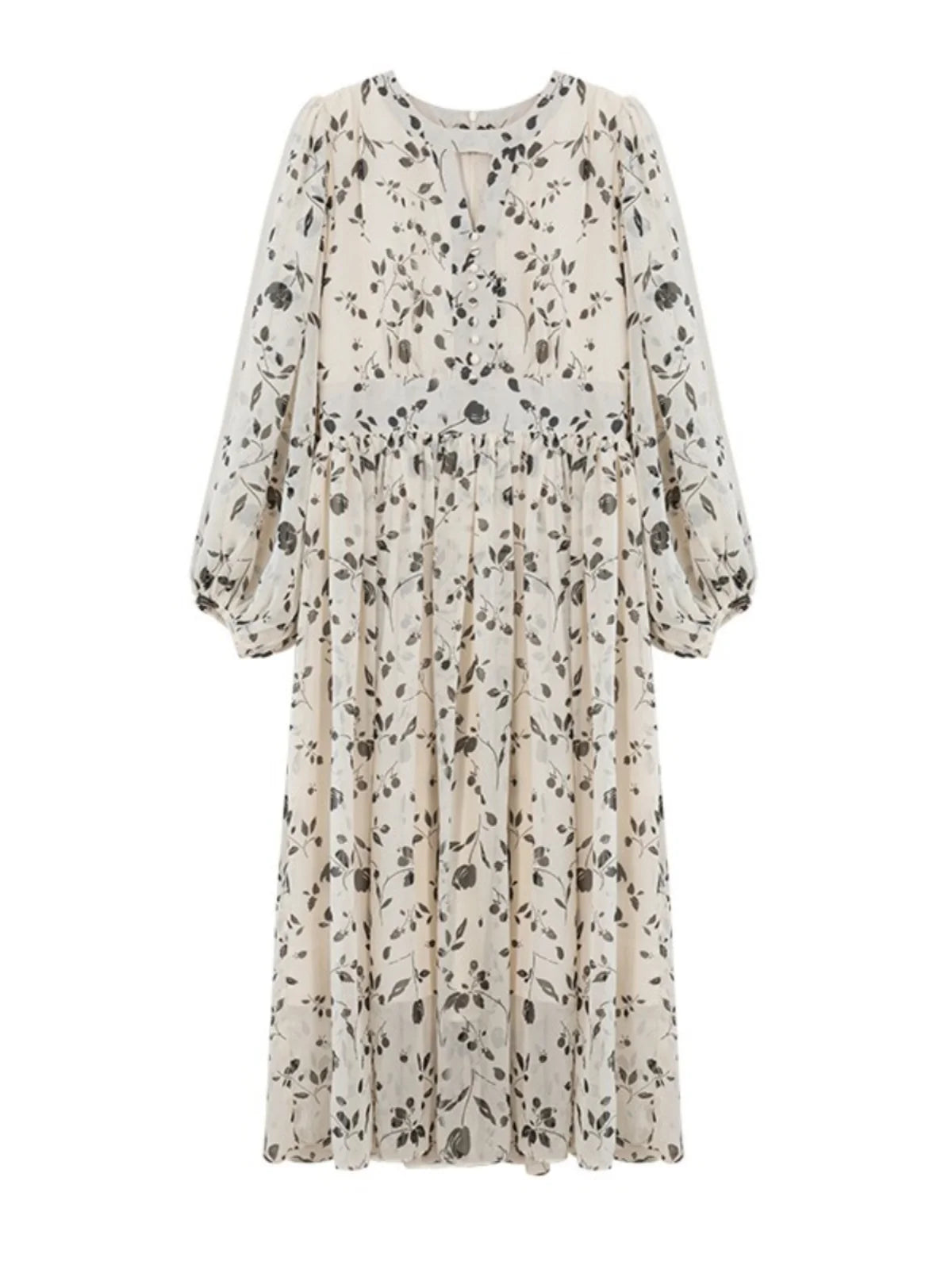 Floral Midi Dress Women Sweet A-Line Long Sleeve Hollow Out Dress Elegant High Waist Casual Long Dress Daily or Vacation Outfits