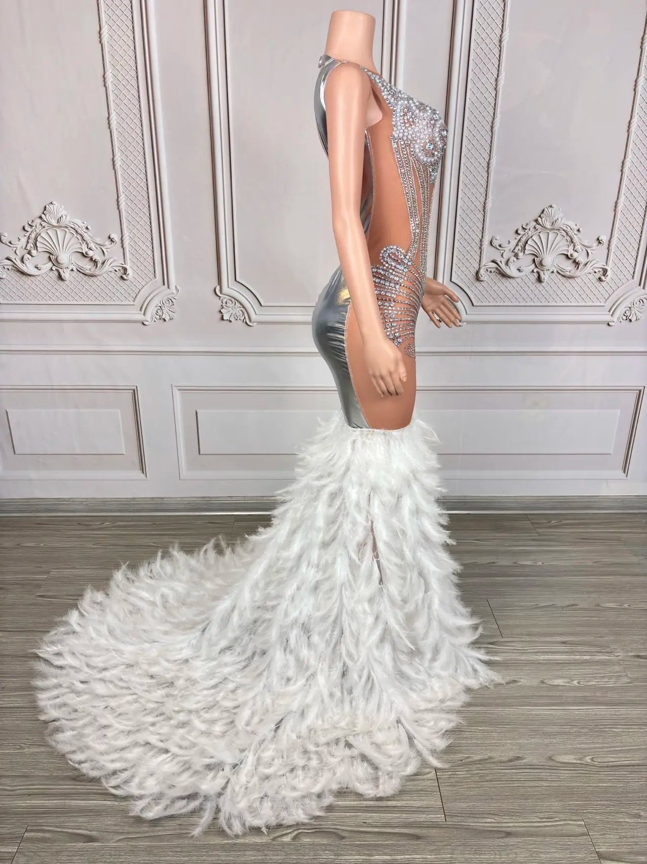 Women's Silver rhinestone transparent mesh floor dragging feather party dress