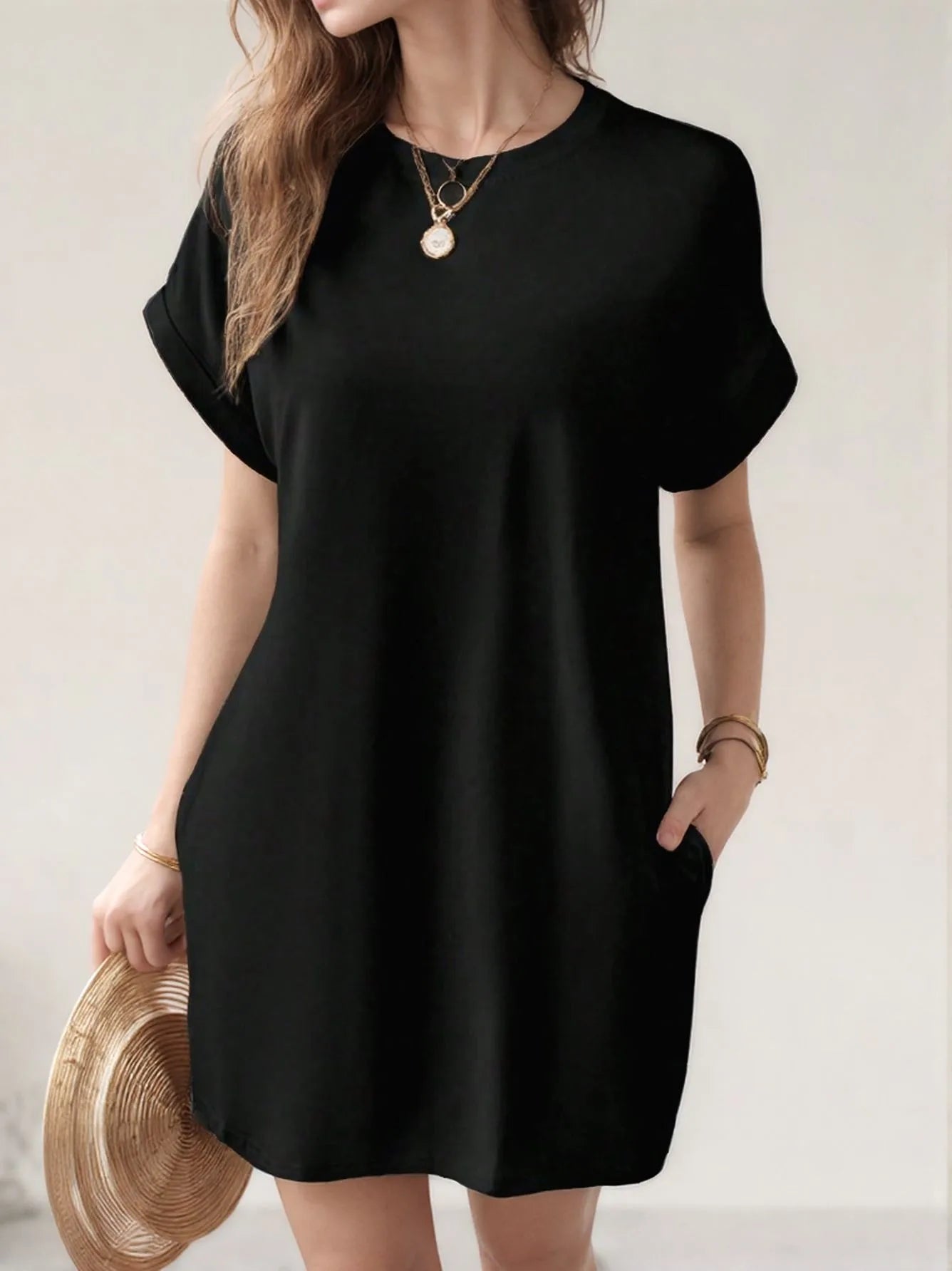 2025 European and American new casual solid color round neck bat sleeve invisible pocket loose short sleeved dress