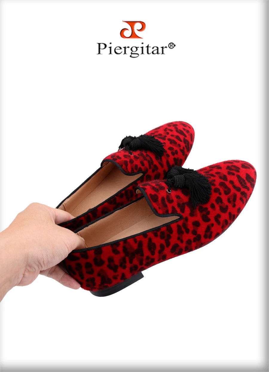 Piergitar Red And Black Animalier-Printed Superior Velvet Slippers With Handmade Silk Fringed Tassels Slip-On Men's Loafers