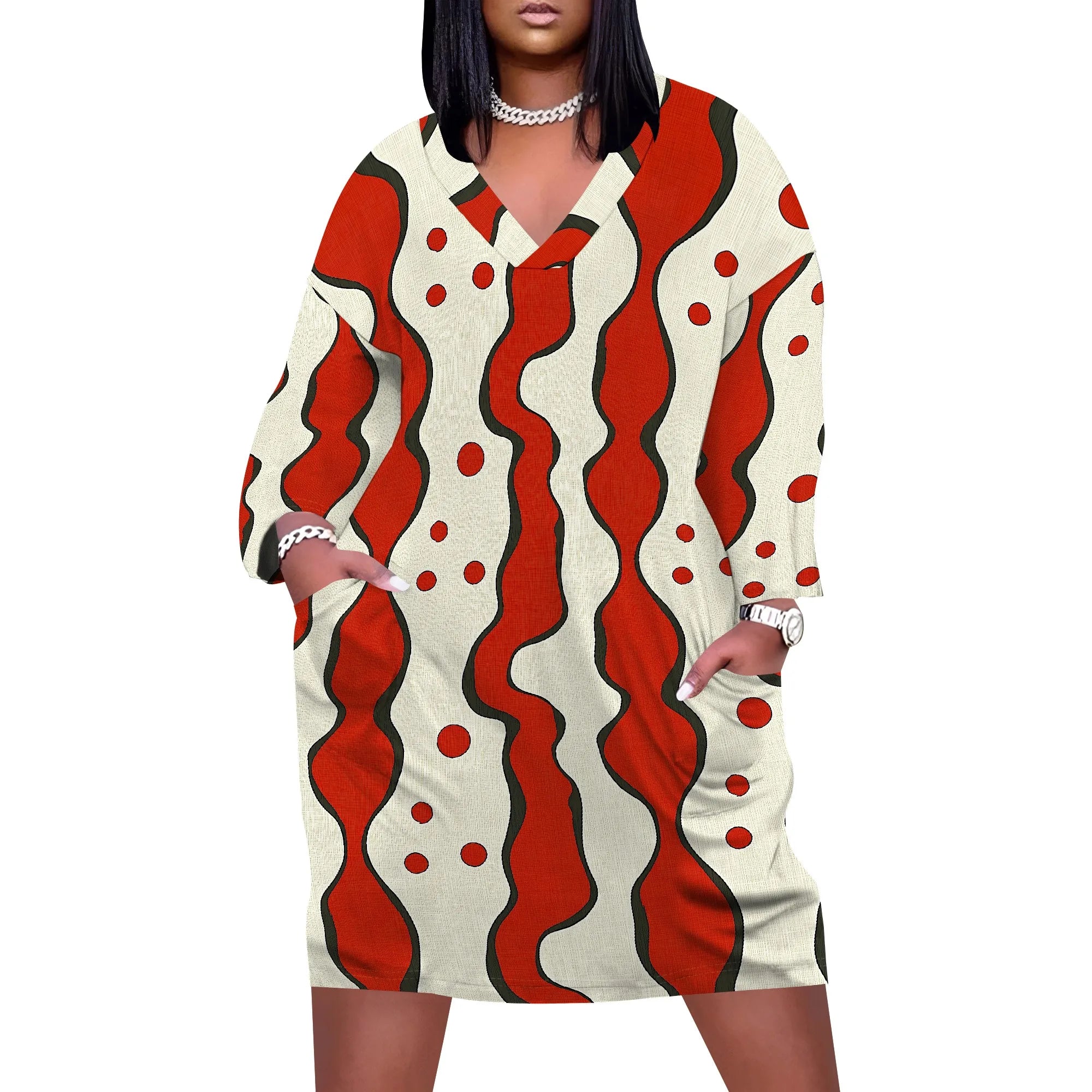 Plus Size Women's Abstract Print Dress XL-6XL, V-Neck Casual Dress for Fun and Bold Look
